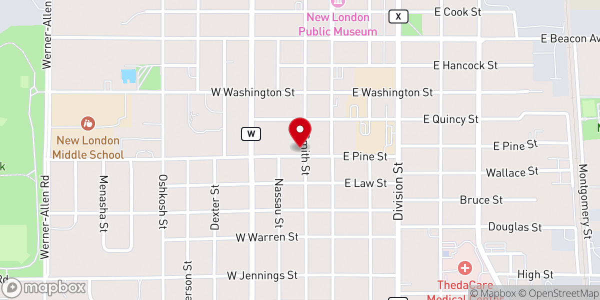 Map showing location of New London Seventh-day Adventist Church