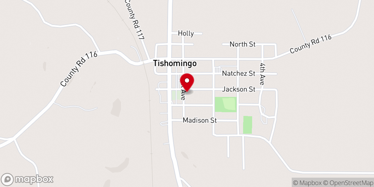 Map showing location of Tishomingo Baptist Church