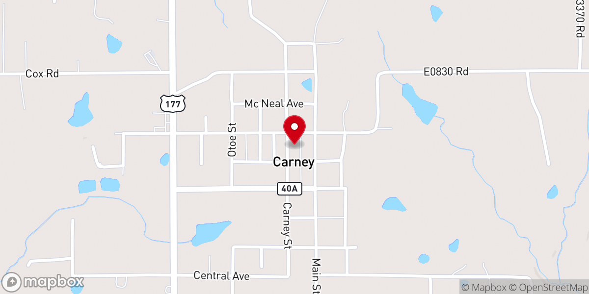 Map showing location of First Baptist Church Carney