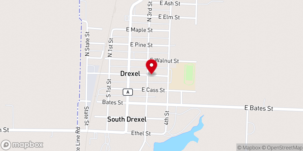 Map showing location of First Baptist Church of Drexel