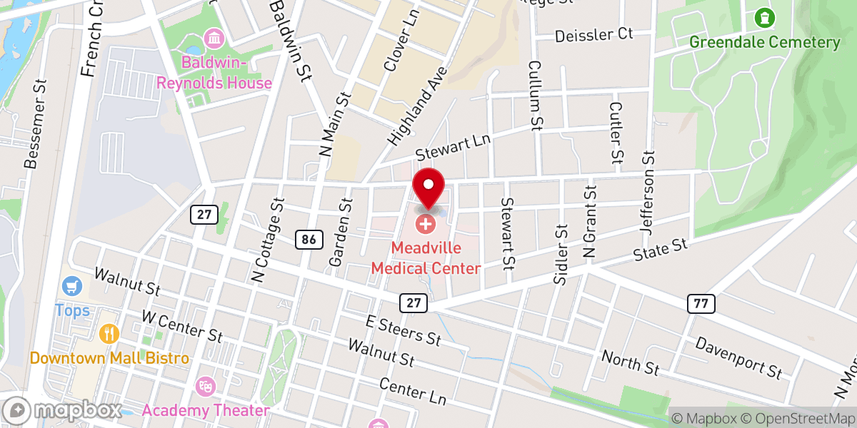 Map showing location of Meadville Medical Center: Emergency Room