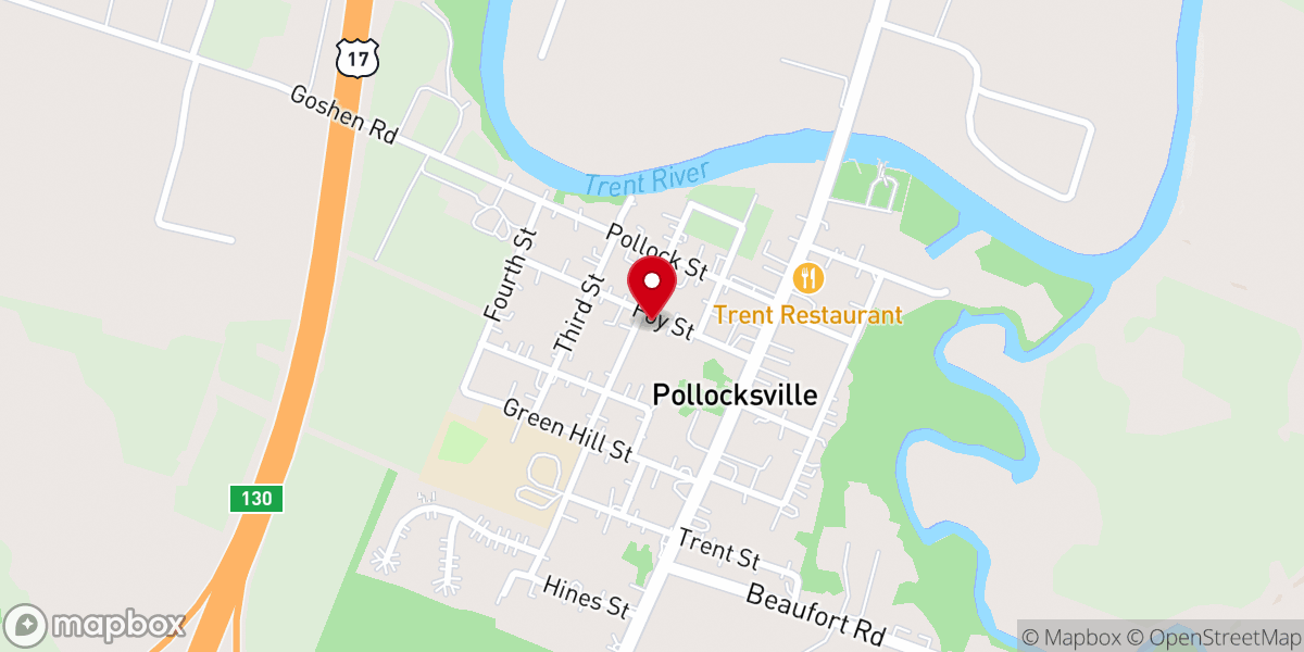 Map showing location of Pollocksville Community Center