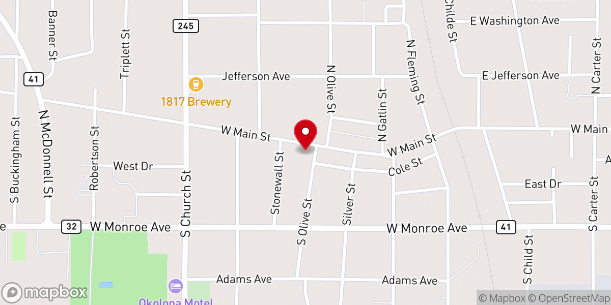 Map showing location of Okolona First United Methodist Church