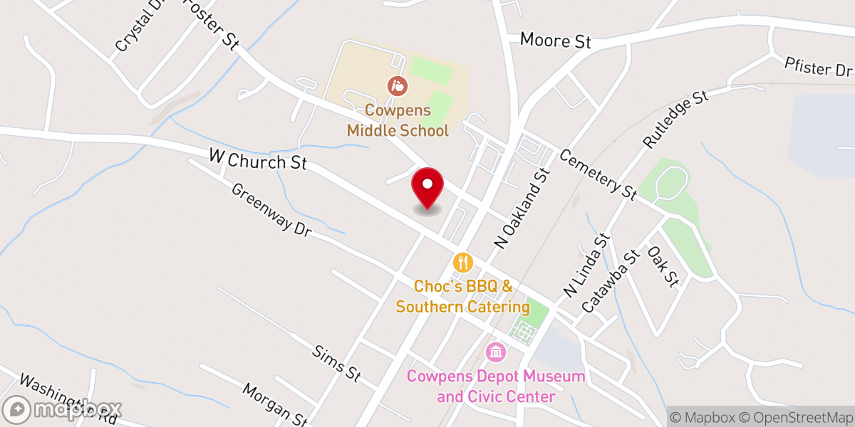 Map showing location of First Baptist Cowpens