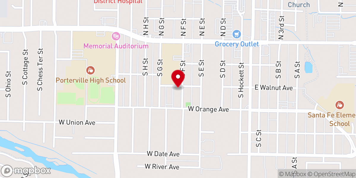 Map showing location of Iglesia de Cristo Llamada Final Porterville