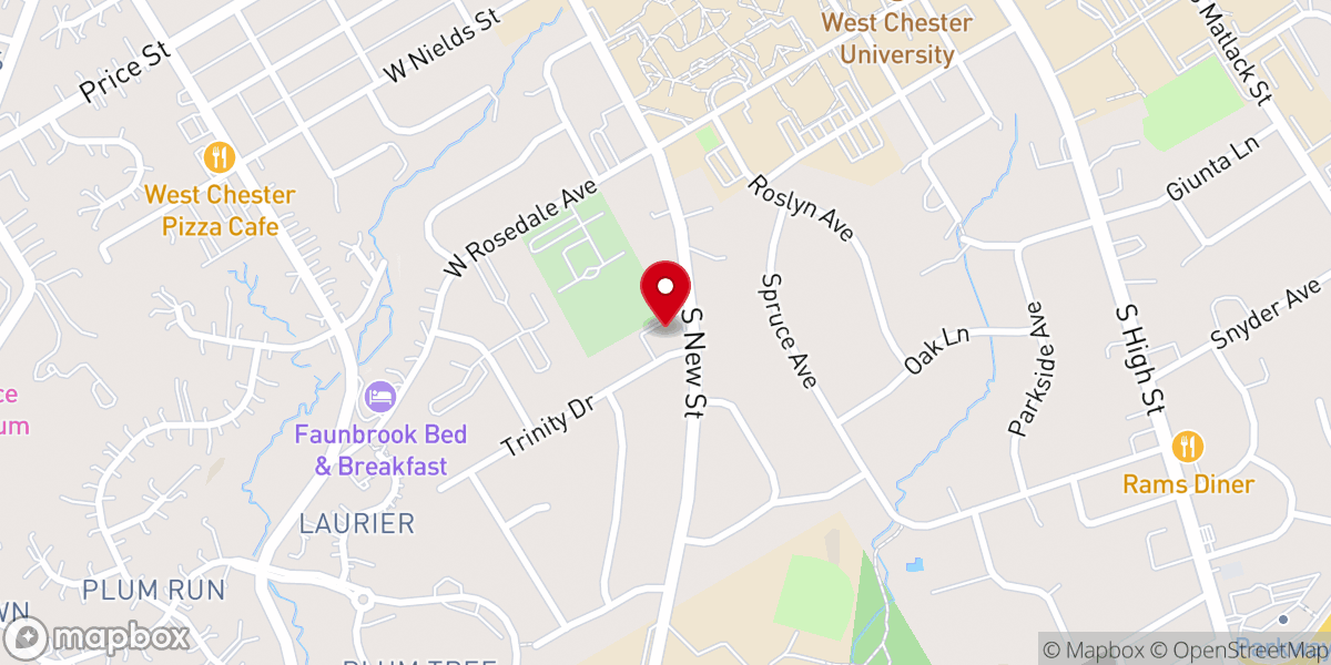 Map showing location of West Chester University Catholic Newman Center