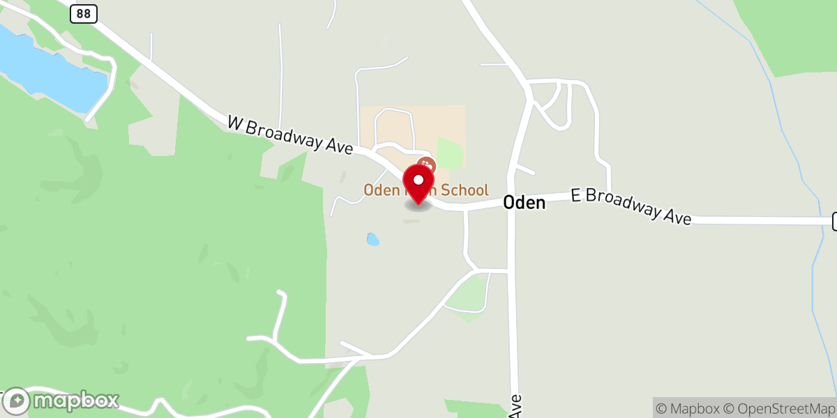 Map showing location of Oden First Baptist Church