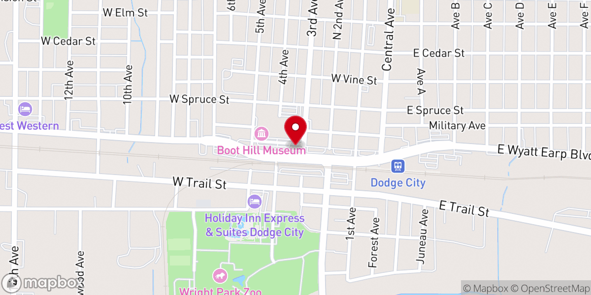 Map showing location of Dodge City Convention & Visitors Bureau