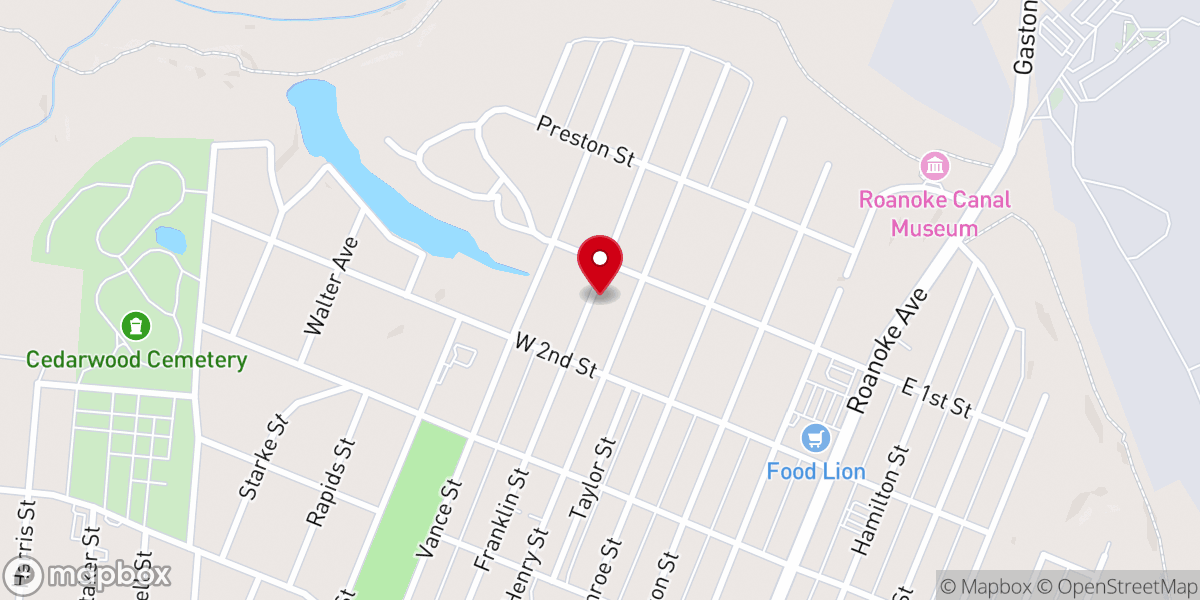 Map showing location of Roanoke Baptist Church