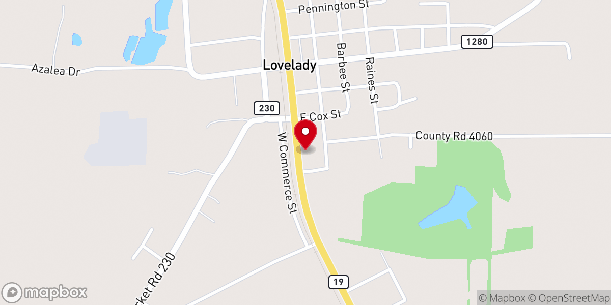 Map showing location of Lovelady City Park