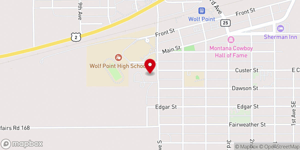 Map showing location of Wolf Point Community Hall