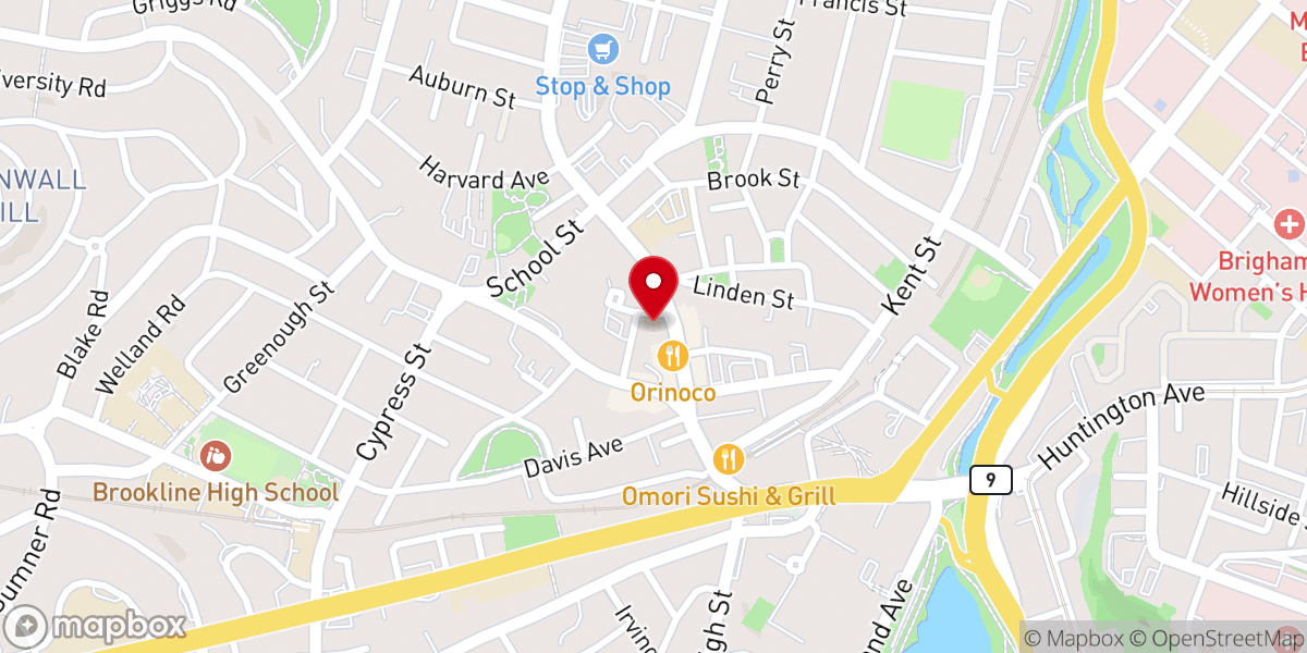 Map showing location of First Presbyterian Church in Brookline