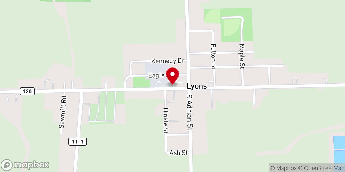 Map showing location of Lyons Village Hall
