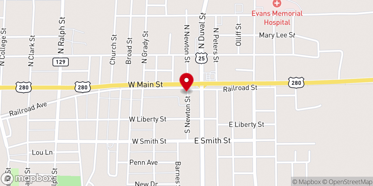 Map showing location of Evans County Christian Food