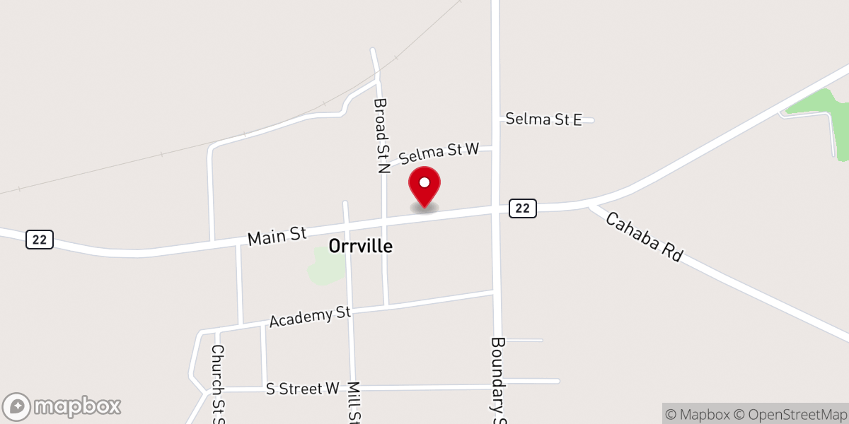 Map showing location of Orrville Baptist Church