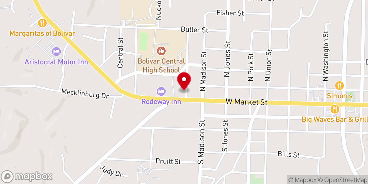 Map showing location of First Baptist Church Bolivar