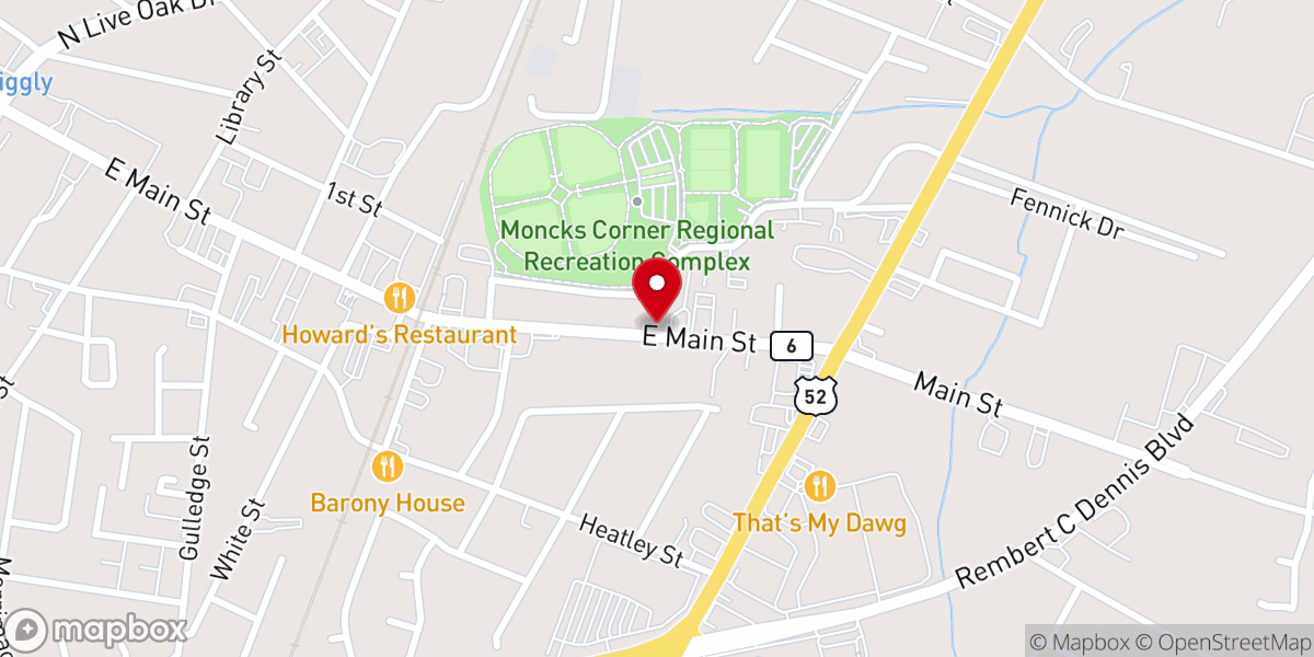 Map showing location of Moncks Corner Baptist Church
