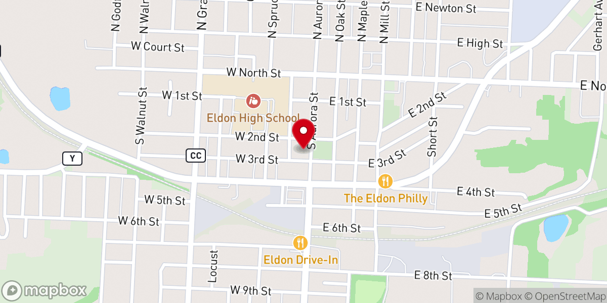 Map showing location of Eldon’s 1st Baptist Church