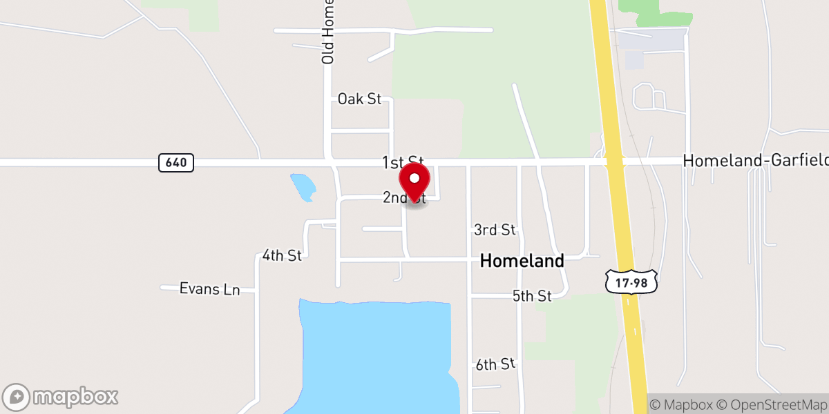 Map showing location of First Baptist Church of Homeland