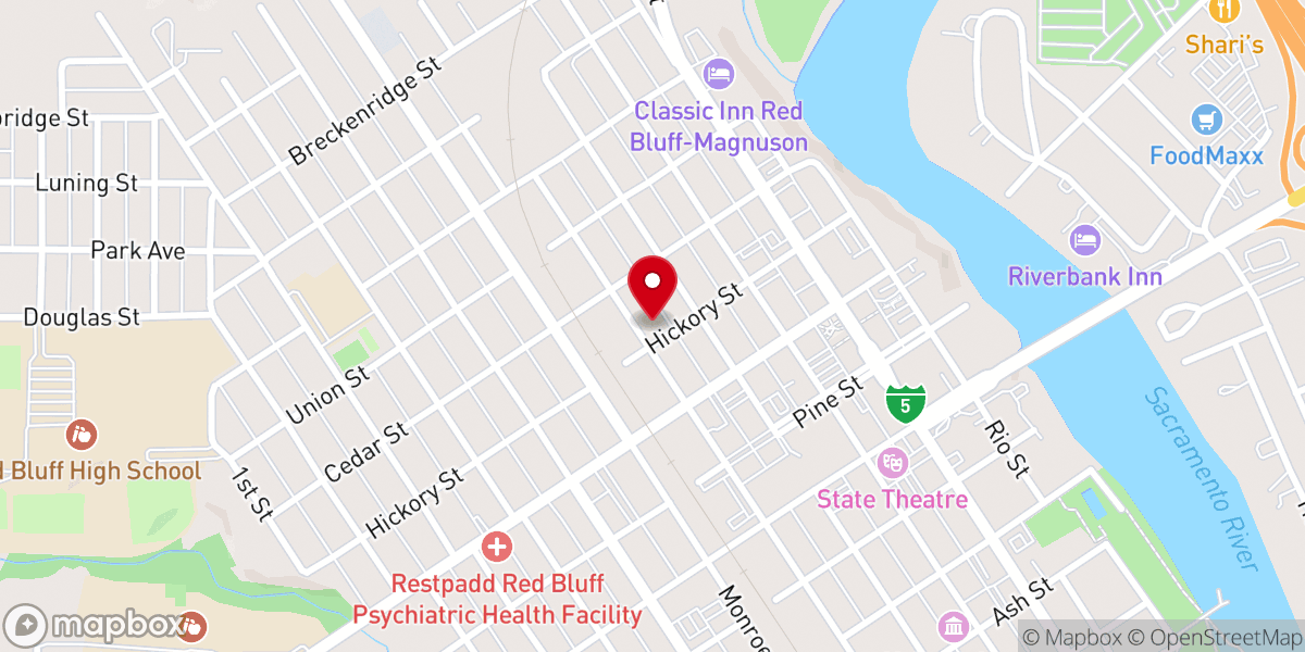 Map showing location of Red Bluff Bible Church