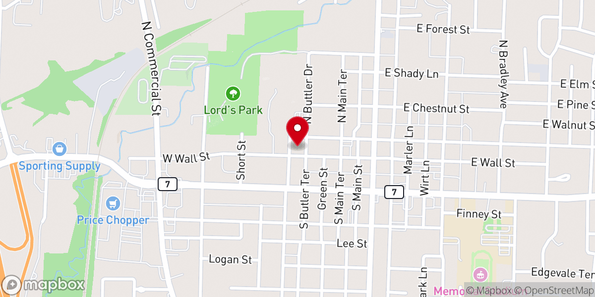 Map showing location of First Baptist Church of Harrisonville Inc