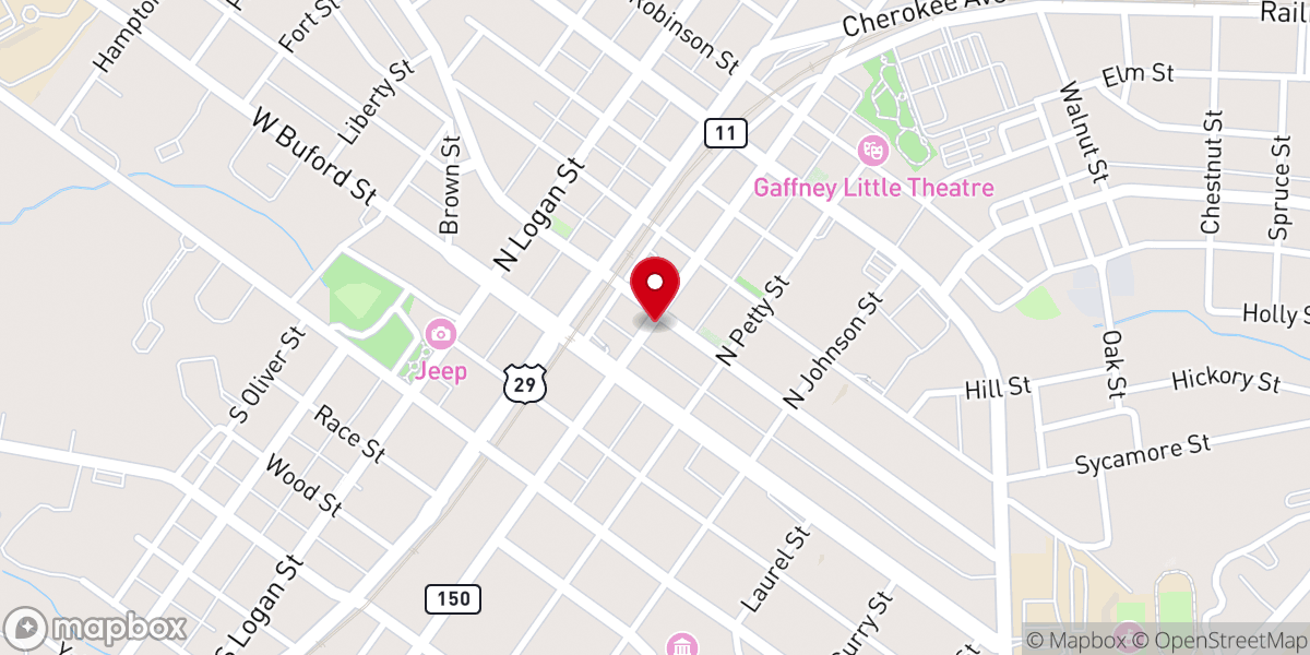 Map showing location of Gaffney First Baptist Church
