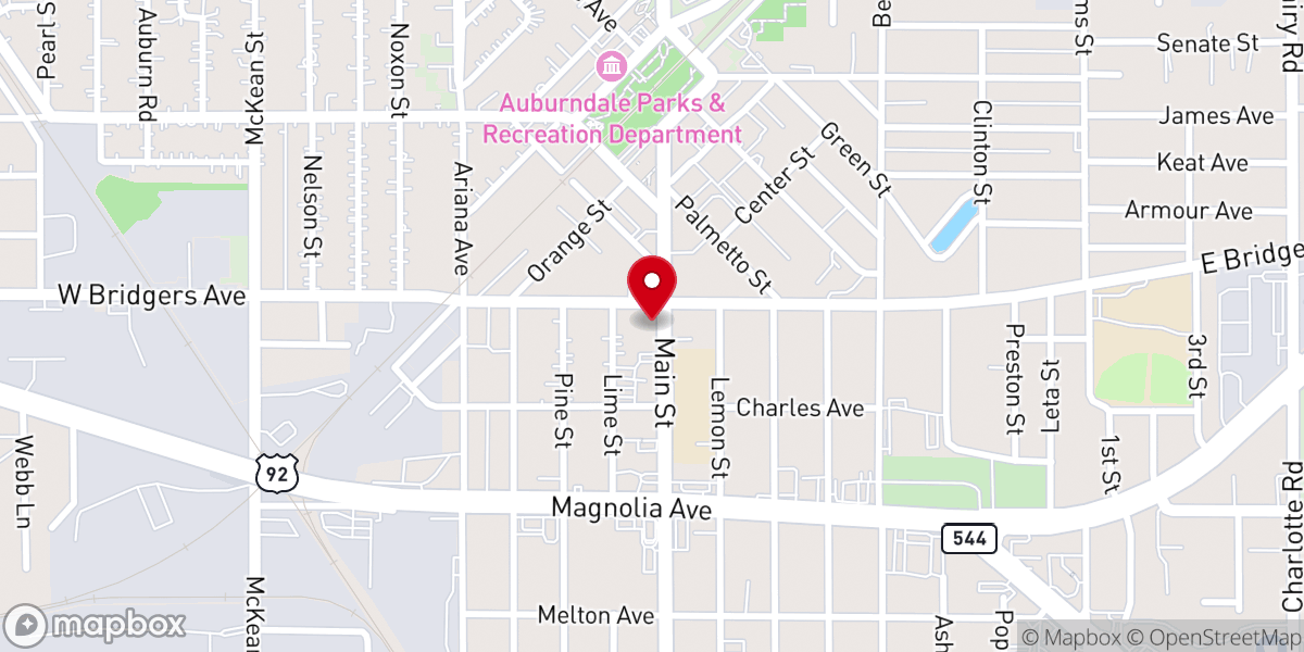 Map showing location of First Baptist Church of Auburndale