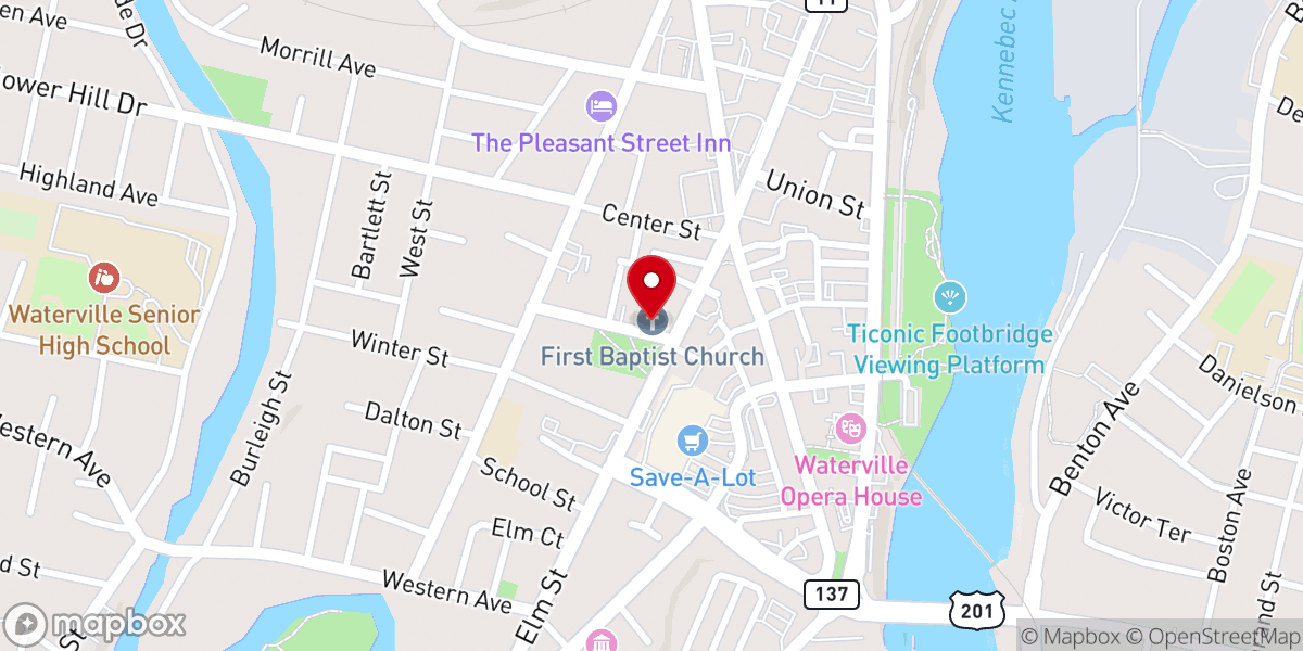Map showing location of First Church of Waterville