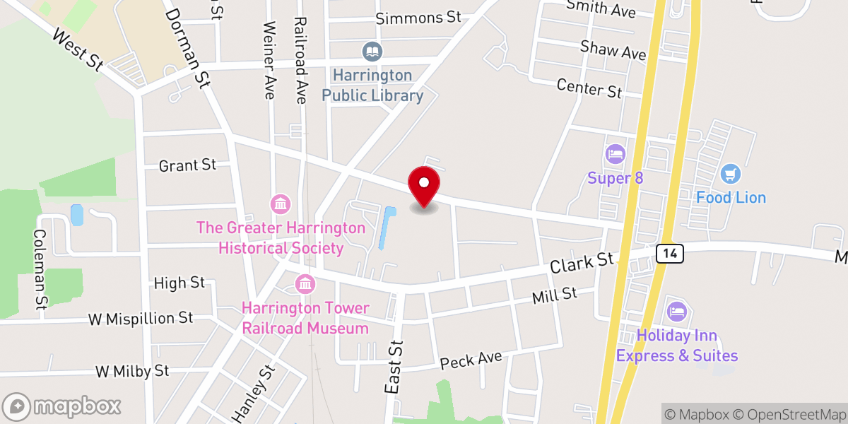 Map showing location of Harrington Baptist Church