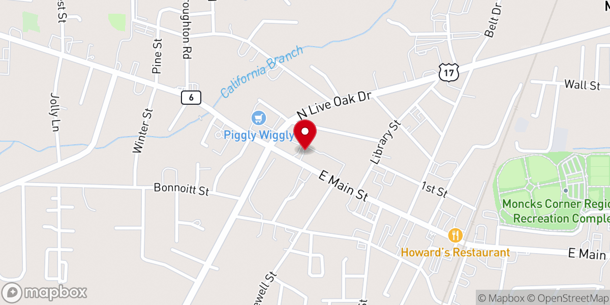 Map showing location of First Baptist Church of Moncks Corner
