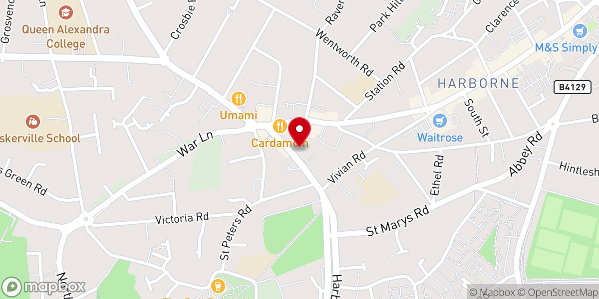 Map showing location of Harborne Baptist Church