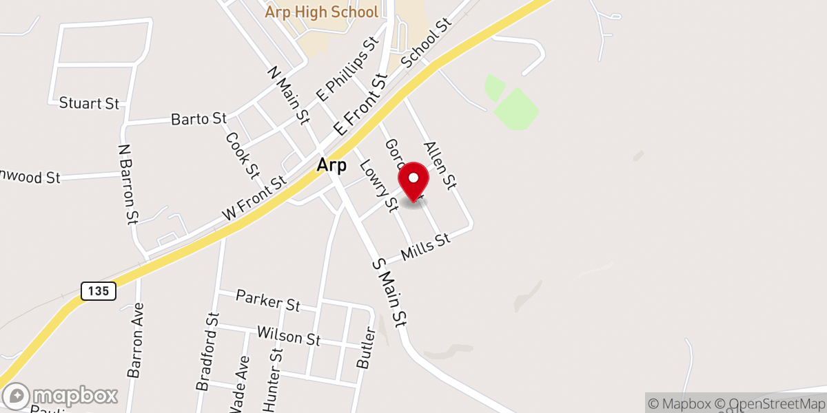 Map showing location of Arp Assembly of God Church