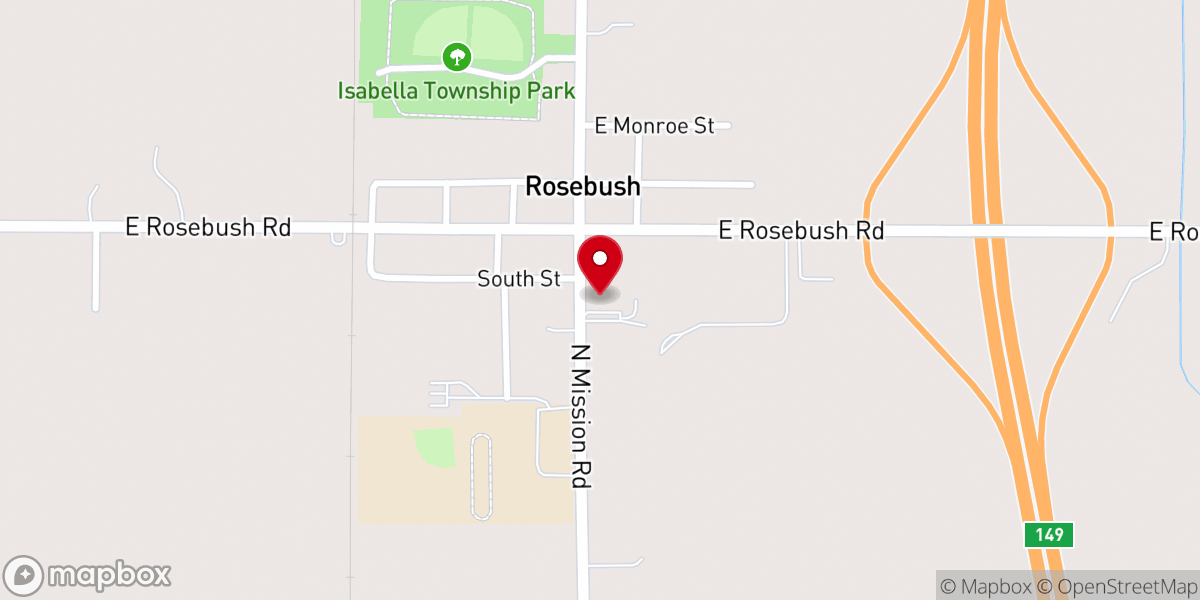 Map showing location of Rosebush Presbyterian Church