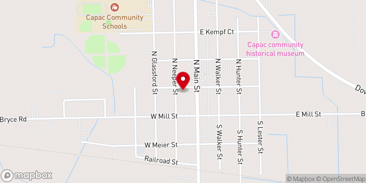 Map showing location of First Baptist Church of Capac