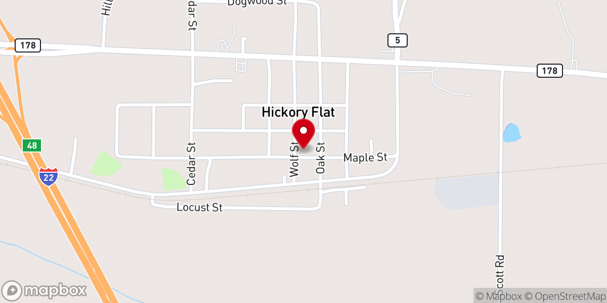 Map showing location of Hickory Flat Baptist Church