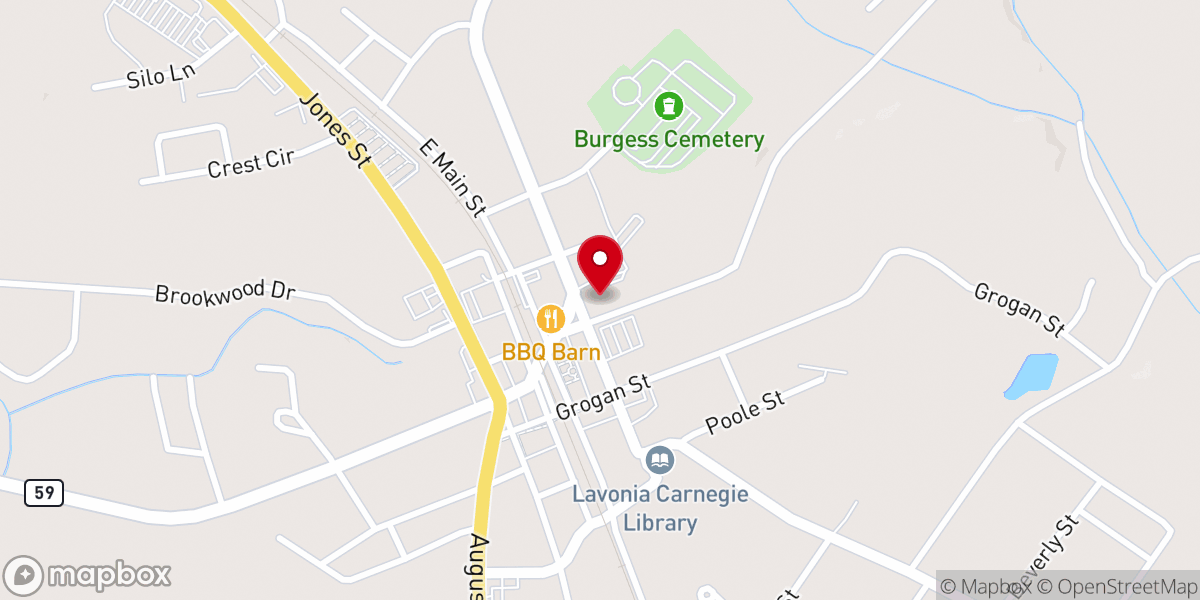 Map showing location of Lavonia First Baptist Church
