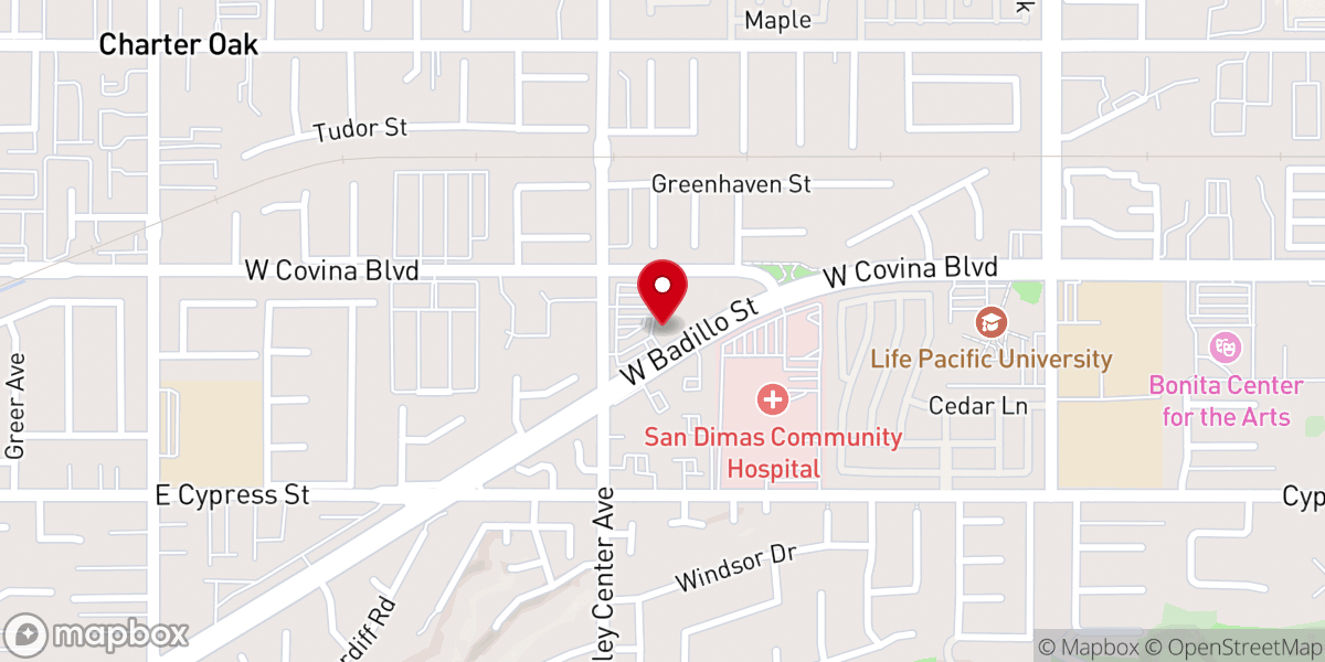 Map showing location of ONE&ALL Church, San Dimas