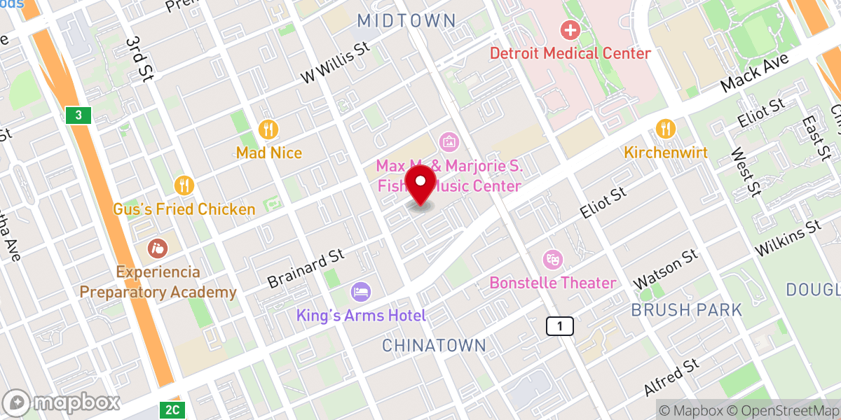 Map showing location of Congregation Beth Chabad of Greater Downtown Detroit