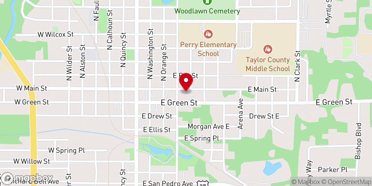 Map showing location of First Baptist Church of Perry