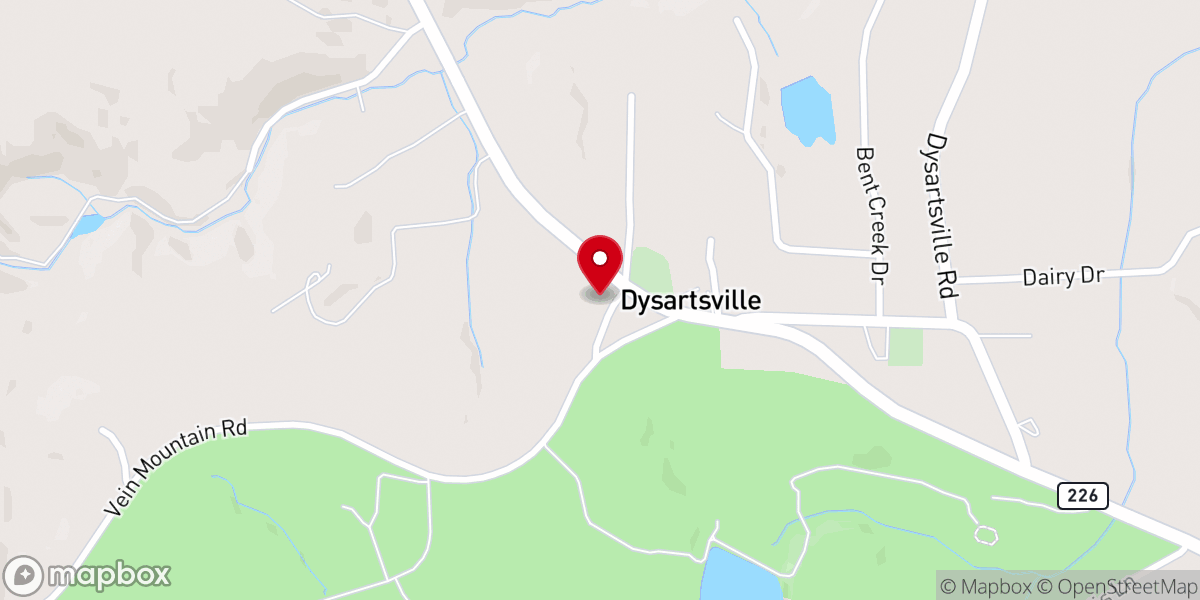 Map showing location of Dysartsville Baptist Church