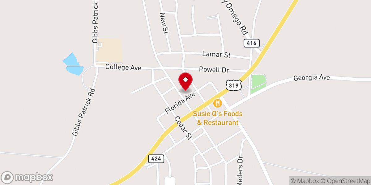 Map showing location of Omega Baptist Church
