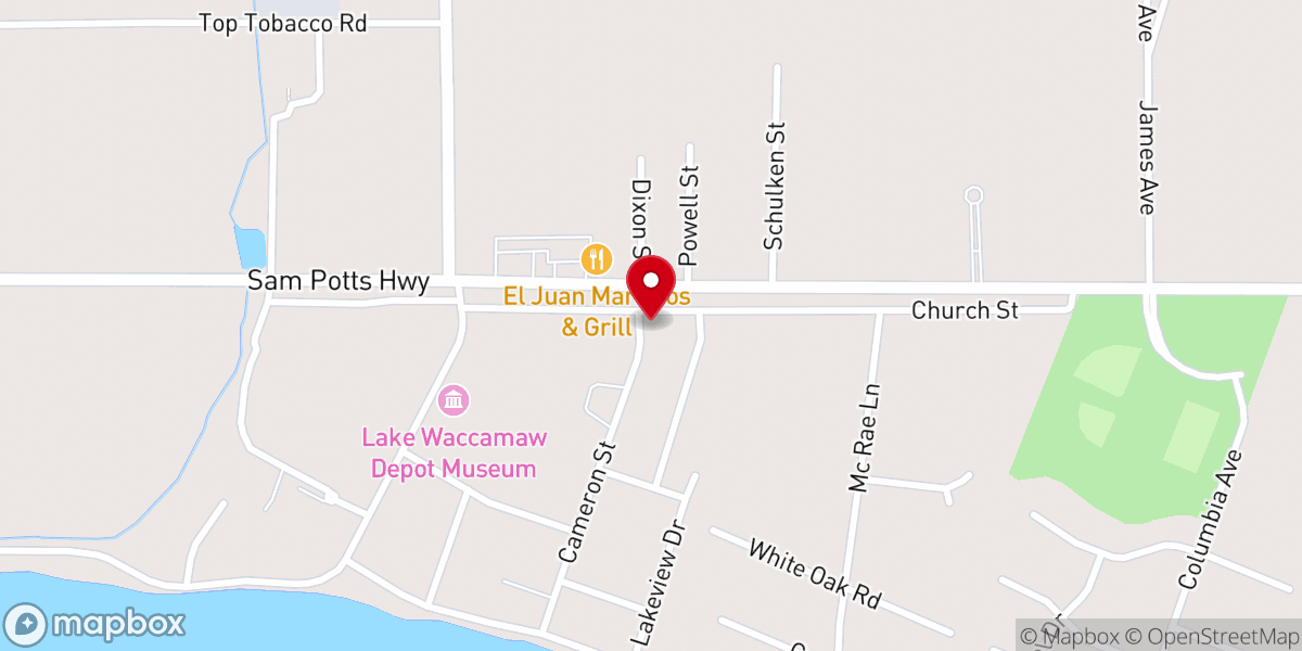 Map showing location of Lake Waccamaw Presbyterian Church