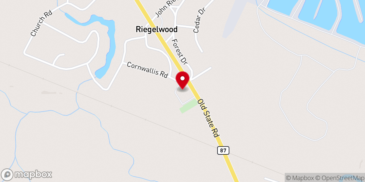 Map showing location of Riegelwood Baptist Church