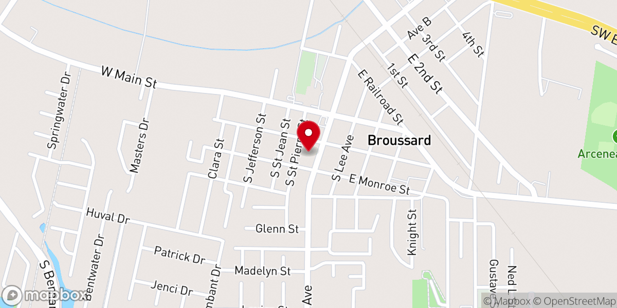 Map showing location of First Baptist Church of Broussard