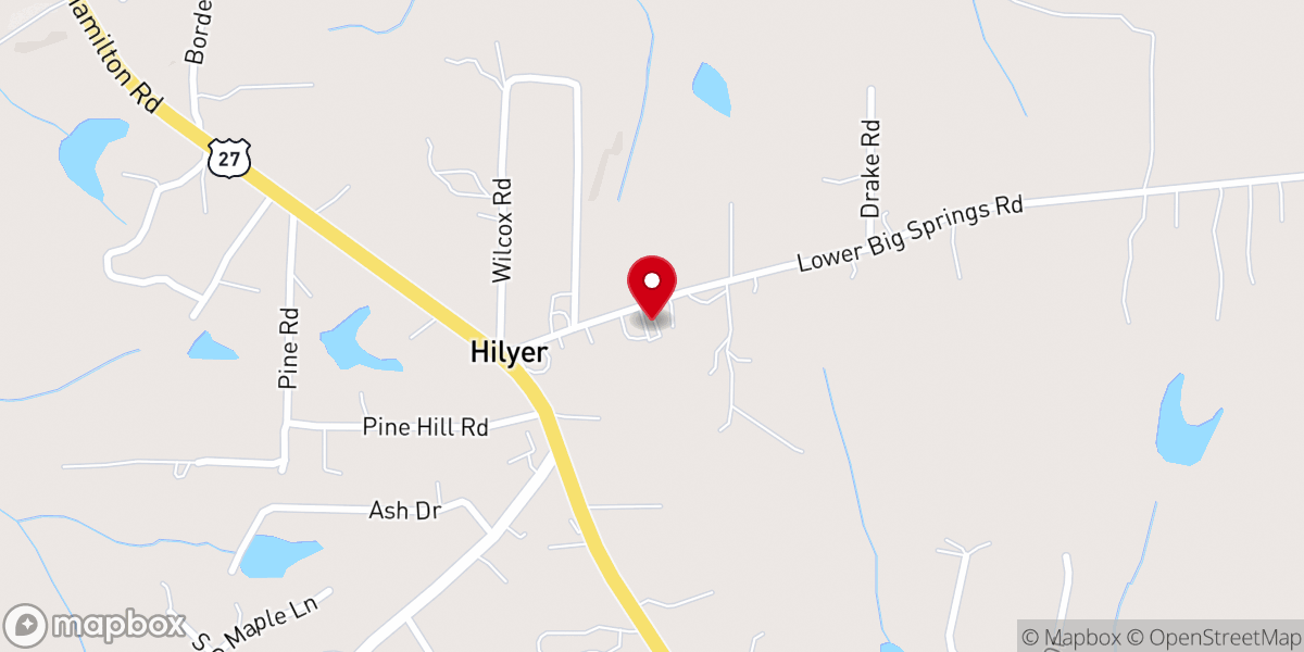 Map showing location of Hilyer Baptist Church