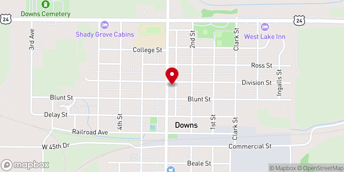 Map showing location of First Christian Church at Downs