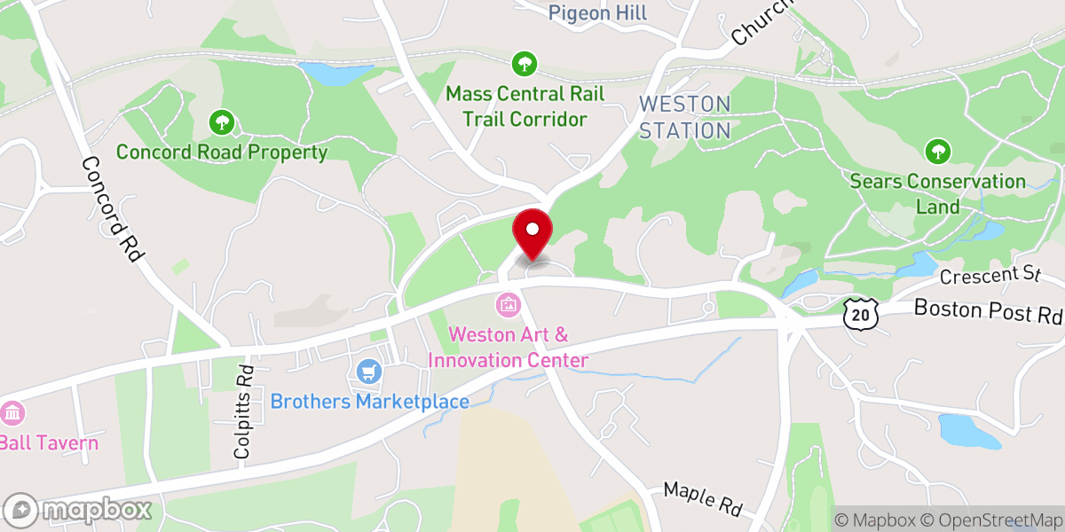 Map showing location of First Parish Church in Weston