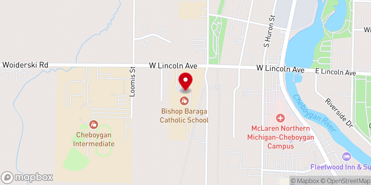 Map showing location of Bishop Baraga Catholic School, Cheboygan
