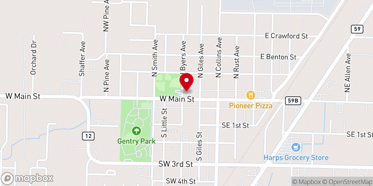 Map showing location of Gentry First Baptist Church Gymnasium
