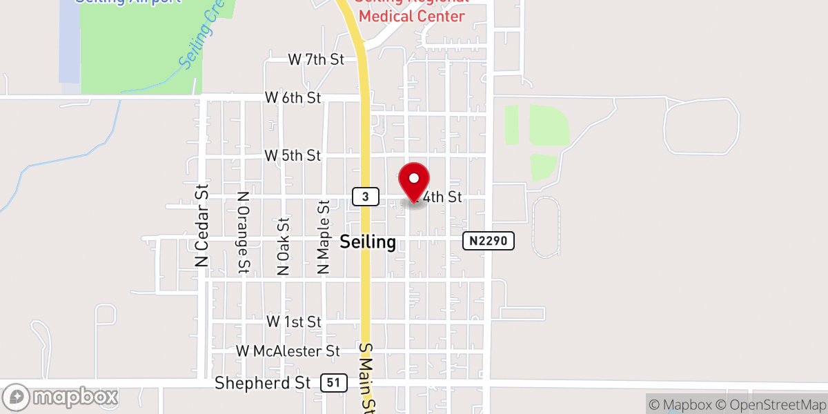 Map showing location of One Life Church 306 N Walnut St Seiling Ok